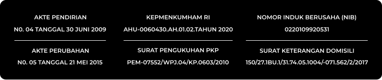 NOMOR INDUK BERUSAHA (NIB) 0220109920531 KEPMENKUMHAM RI AHU-0060430.AH.01.02.TAHUN 2020 SURAT PENGUKUHAN PKP PEM-07552/WPJ.04/KP.0603/2010 SURAT KETERANGAN DOMISILI 150/27.1BU.1/31.74.05.1004/-071.562/2/2017 AKTE PENDIRIAN N0. 04 TANGGAL 30 JUNI 2009 AKTE PERUBAHAN N0. 05 TANGGAL 21 MEI 2015